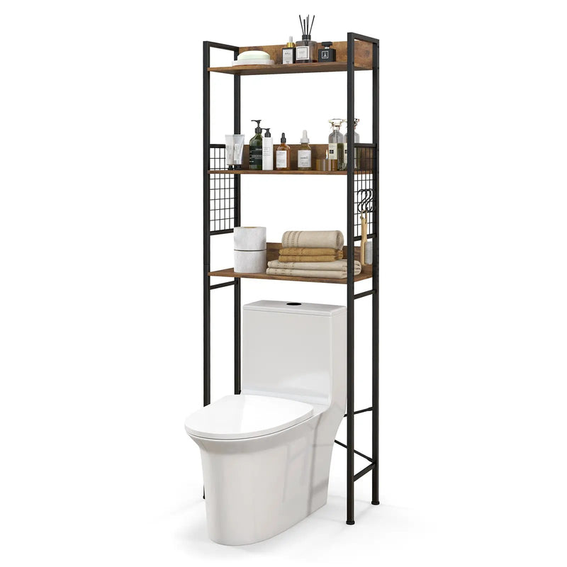 3-Tier Over-the-Toilet Storage Rack with 3 Hooks-Rustic Brown by DirectDeals