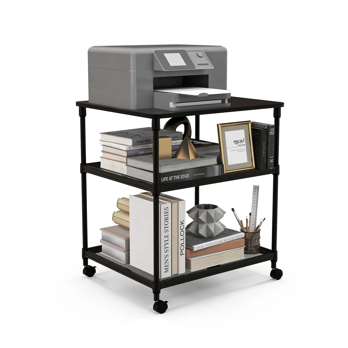 3 Tier Printer Stand Rolling Fax Cart with Adjustable Shelf and Swivel Wheels, photo 11 of 15