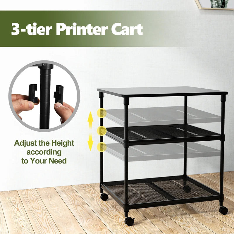 3 Tier Printer Stand Rolling Fax Cart with Adjustable Shelf and Swivel Wheels by DirectDeals