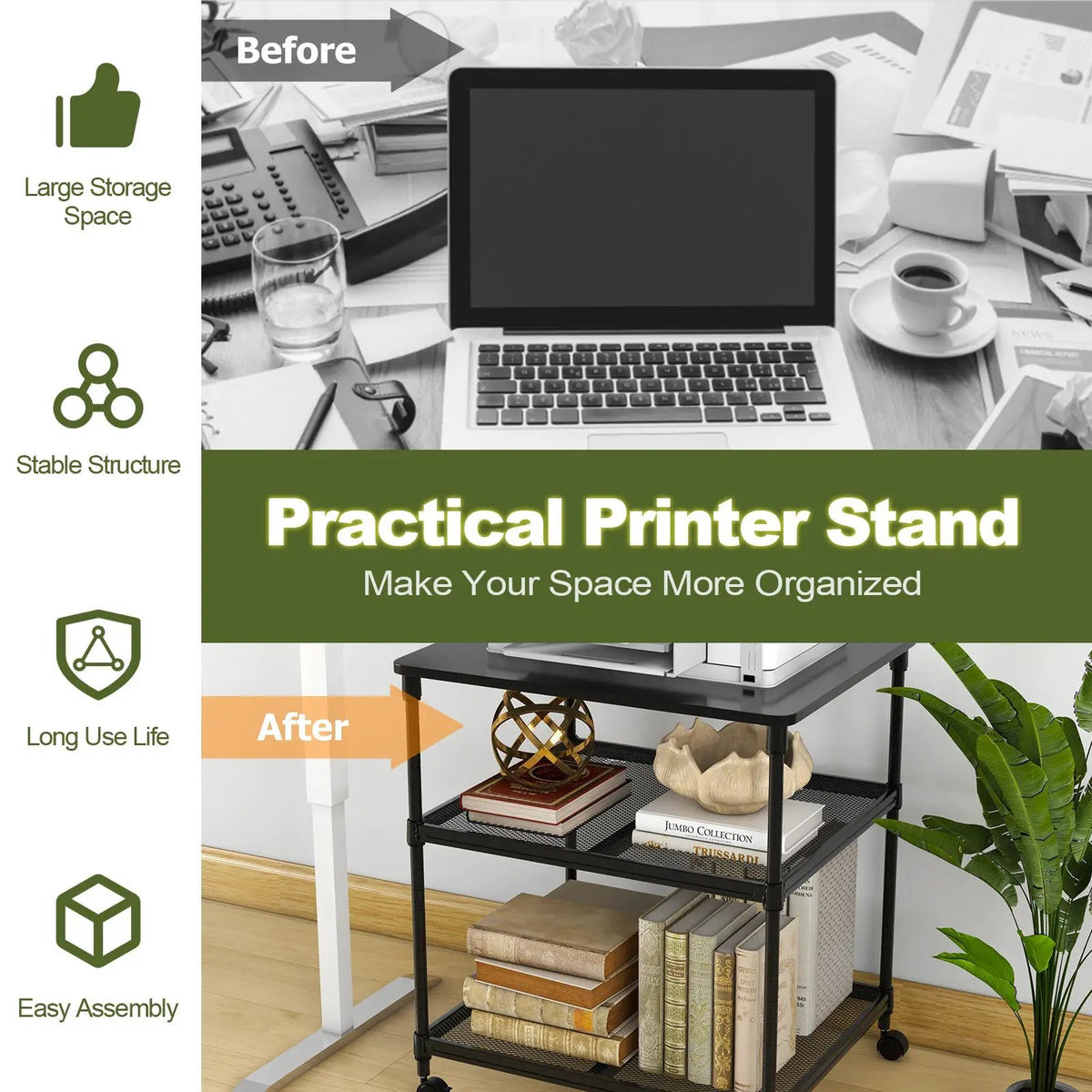 3 Tier Printer Stand Rolling Fax Cart with Adjustable Shelf and Swivel Wheels, photo 3 of 15