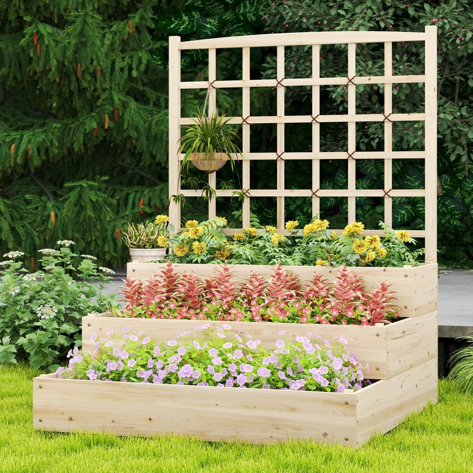 3-Tier Raised Garden Bed with Lattice Trellis and Open-Ended Base-Natural by DirectDeals