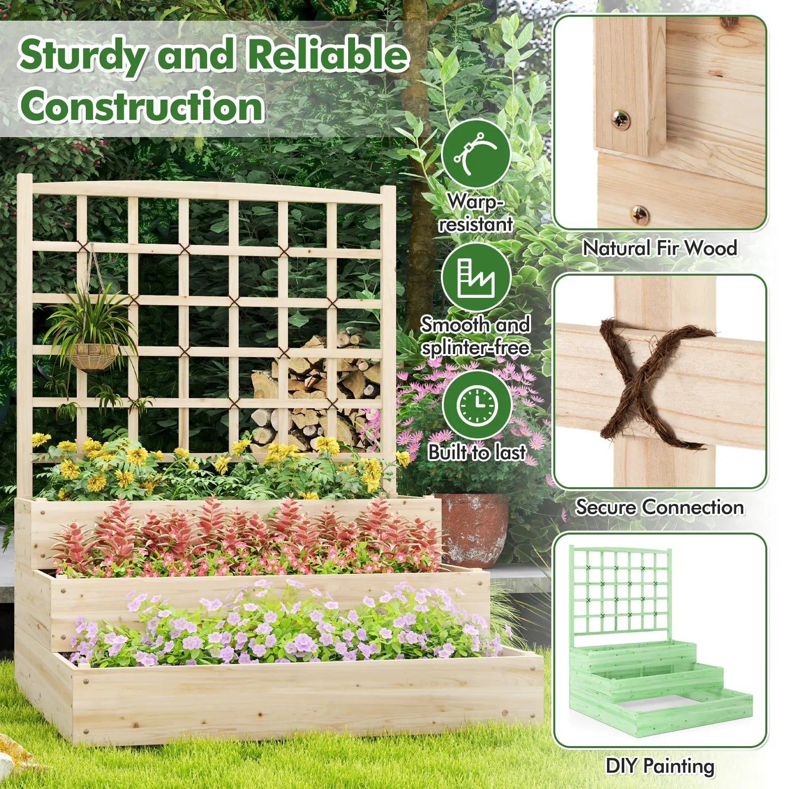 3-Tier Raised Garden Bed with Lattice Trellis and Open-Ended Base-Natural by DirectDeals