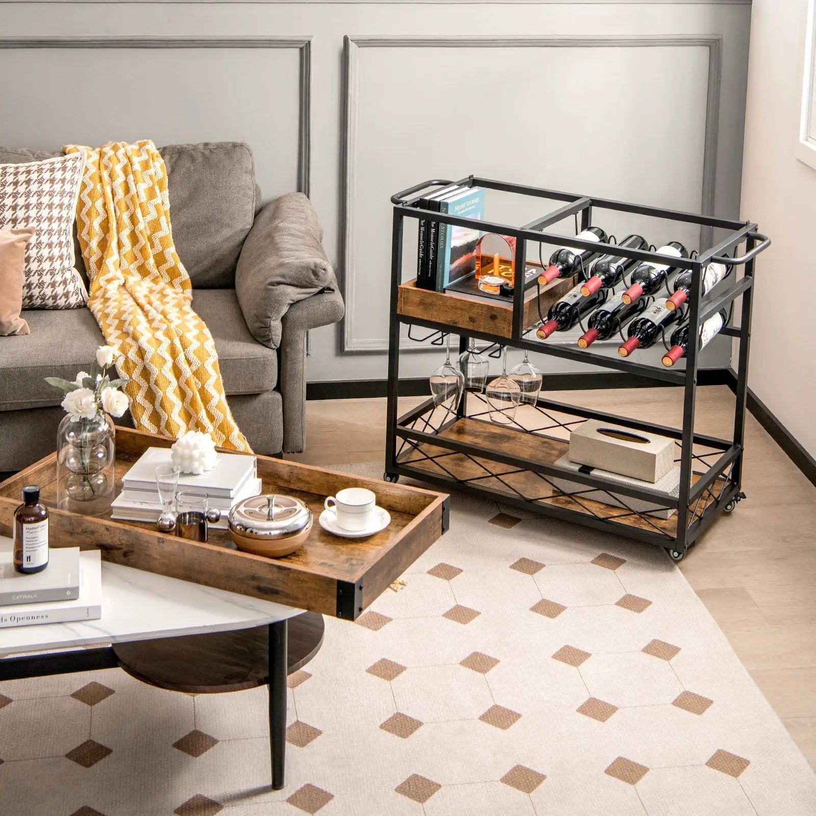 3-Tier Rolling Bar Cart with Removable Tray and Wine Rack-Rustic Brown by DirectDeals