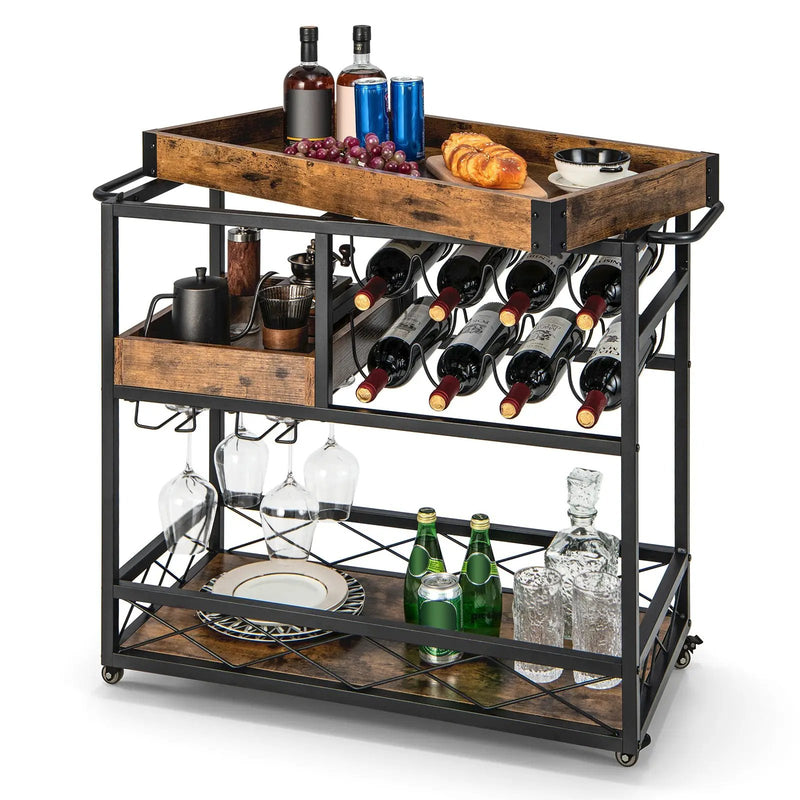 3-Tier Rolling Bar Cart with Removable Tray and Wine Rack-Rustic Brown by DirectDeals