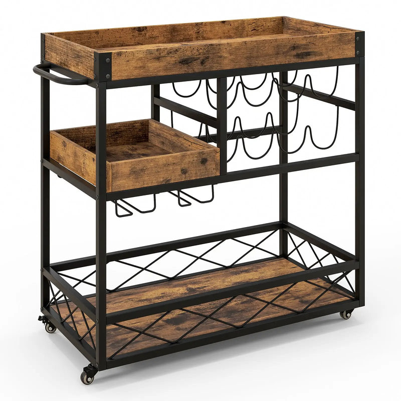 3-Tier Rolling Bar Cart with Removable Tray and Wine Rack-Rustic Brown by DirectDeals