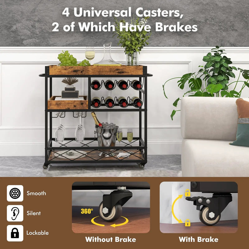 3-Tier Rolling Bar Cart with Removable Tray and Wine Rack-Rustic Brown by DirectDeals
