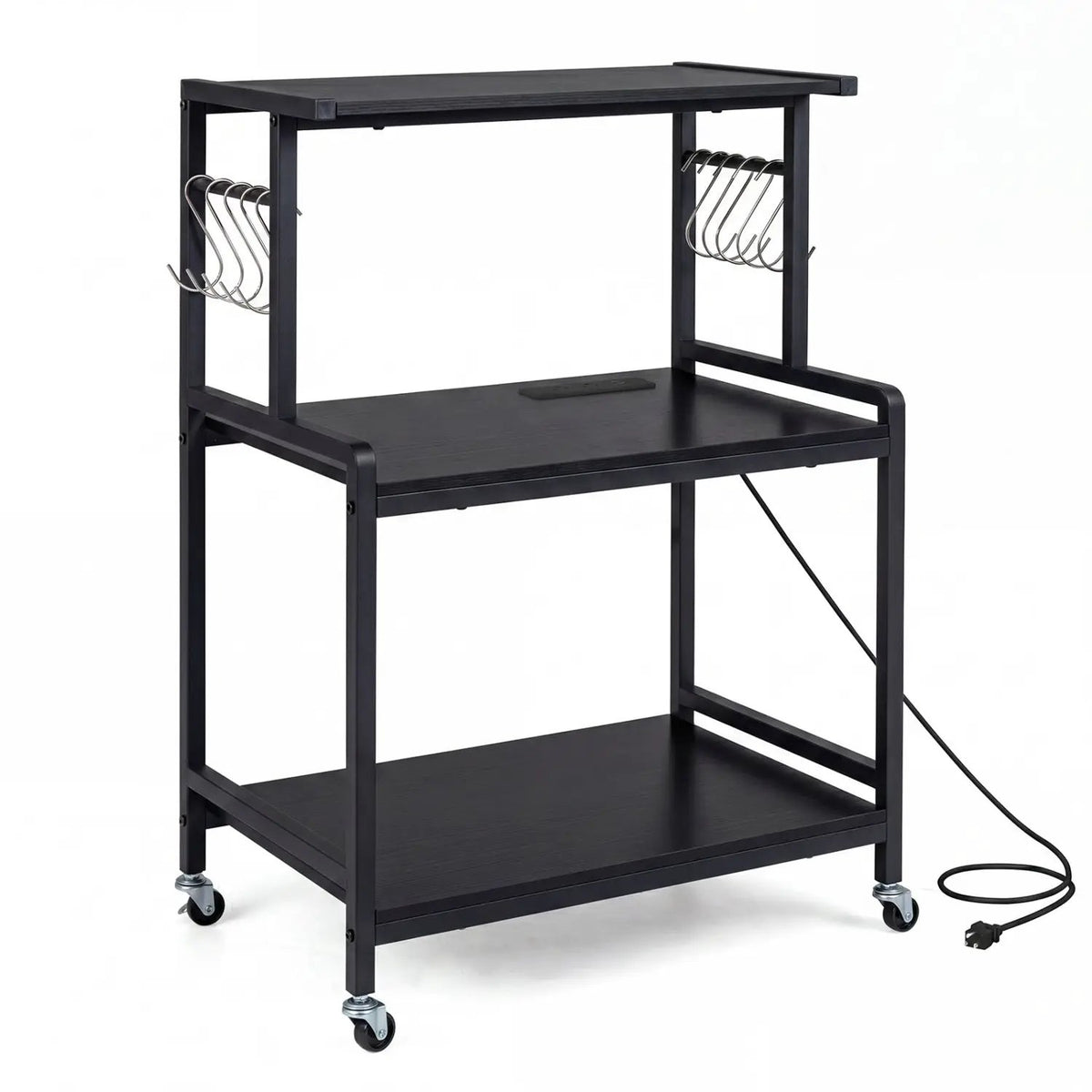3-Tier Rolling Microwave Cart with Power Outlet and Hooks, photo 3 of 17