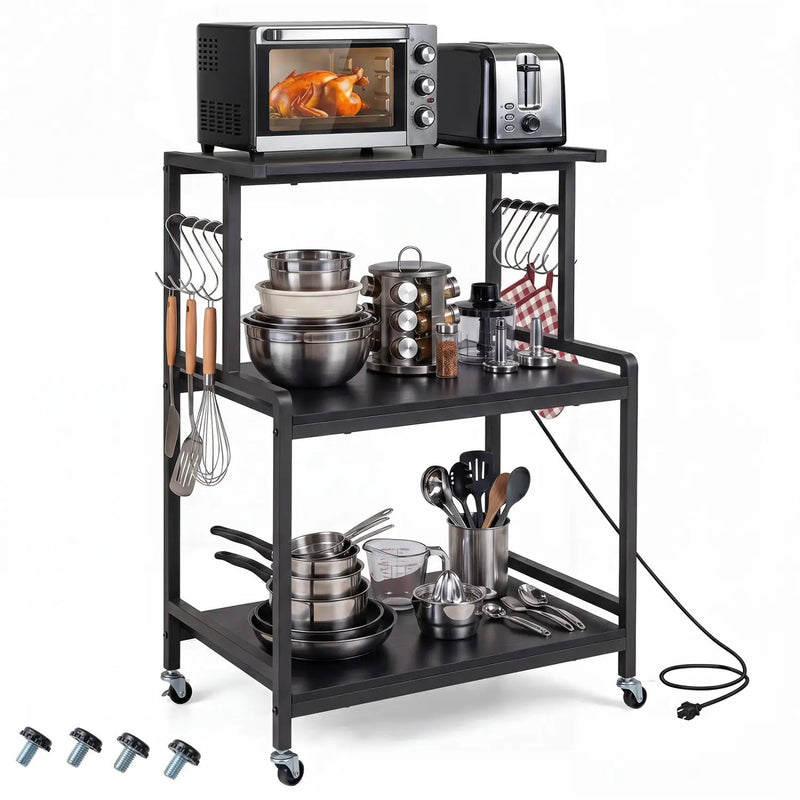 3-Tier Rolling Microwave Cart with Power Outlet and Hooks by DirectDeals