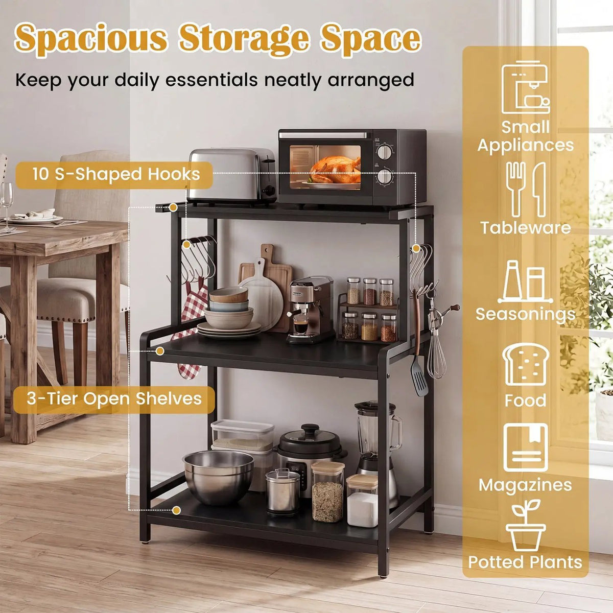 3-Tier Rolling Microwave Cart with Power Outlet and Hooks, photo 6 of 17