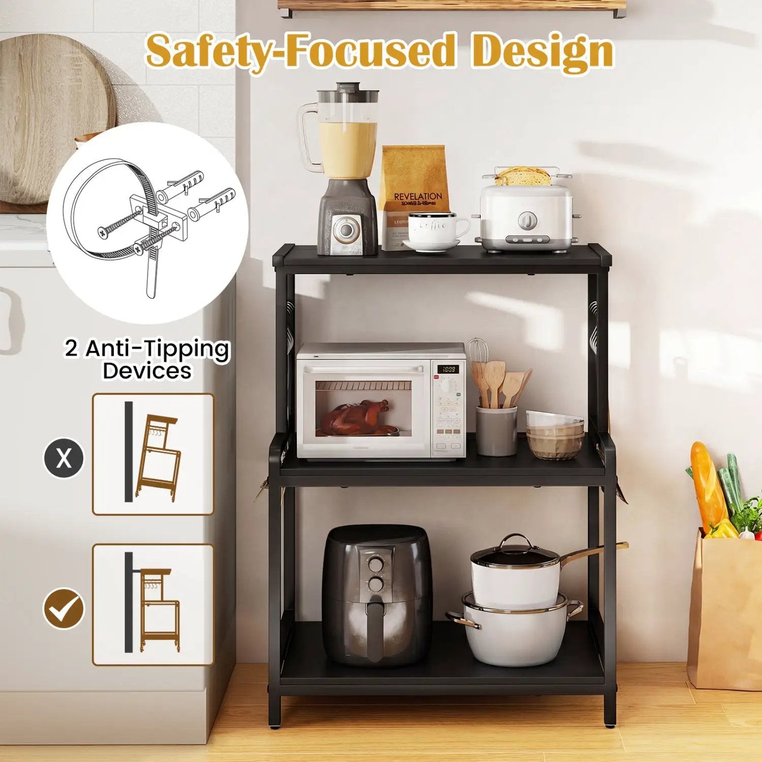 3-Tier Rolling Microwave Cart with Power Outlet and Hooks by DirectDeals