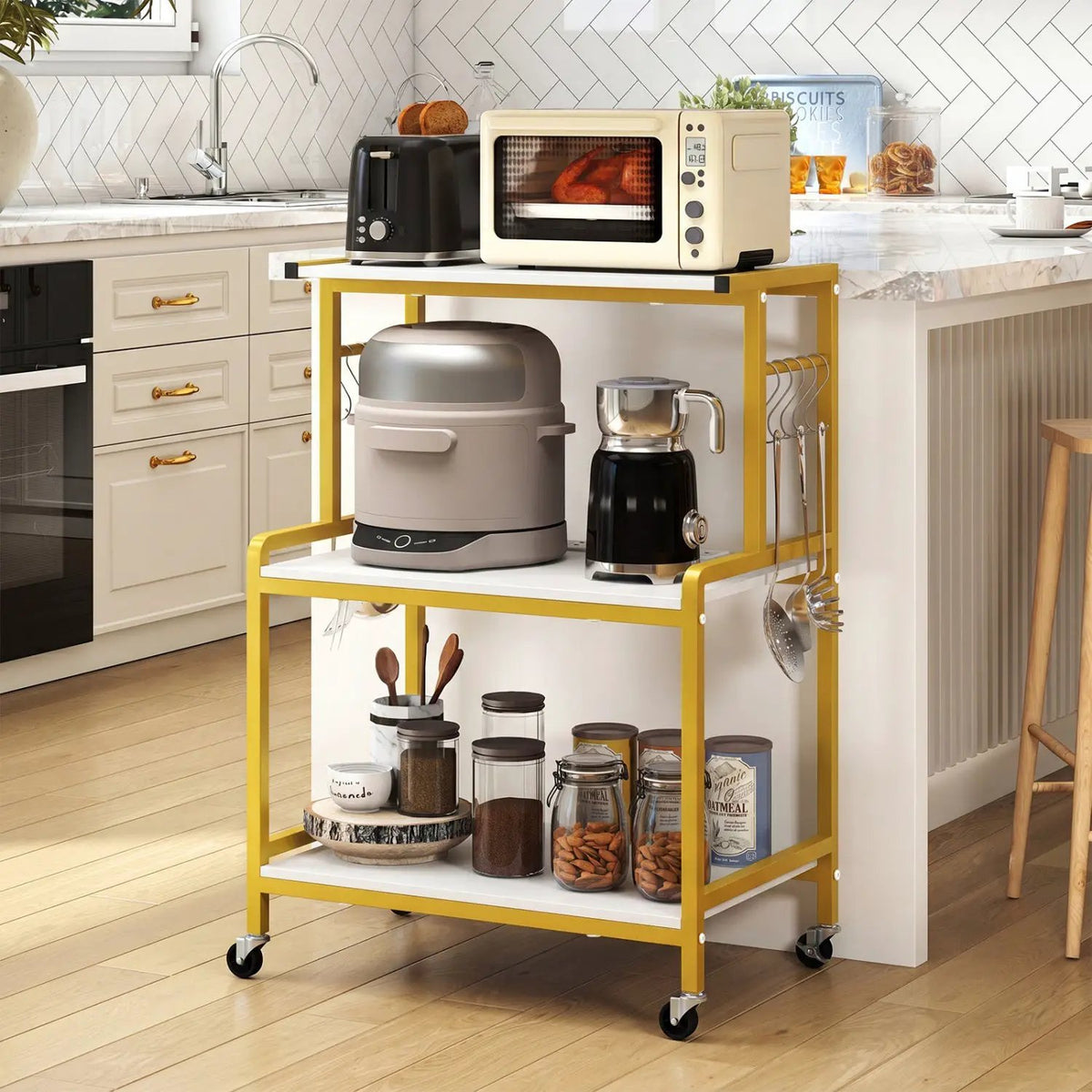 3-Tier Rolling Microwave Cart with Power Outlet and Hooks, photo 10 of 17