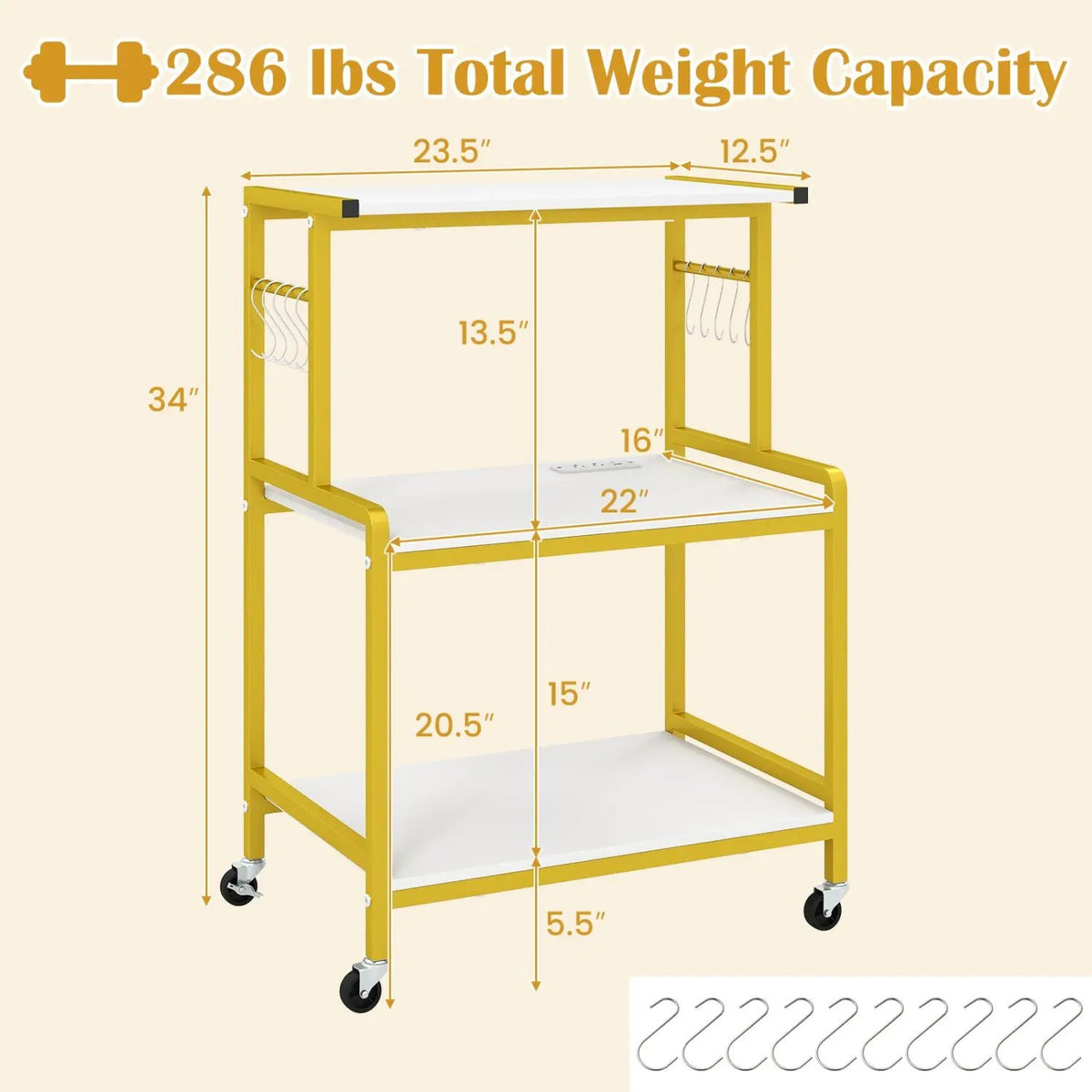 3-Tier Rolling Microwave Cart with Power Outlet and Hooks, photo 13 of 17