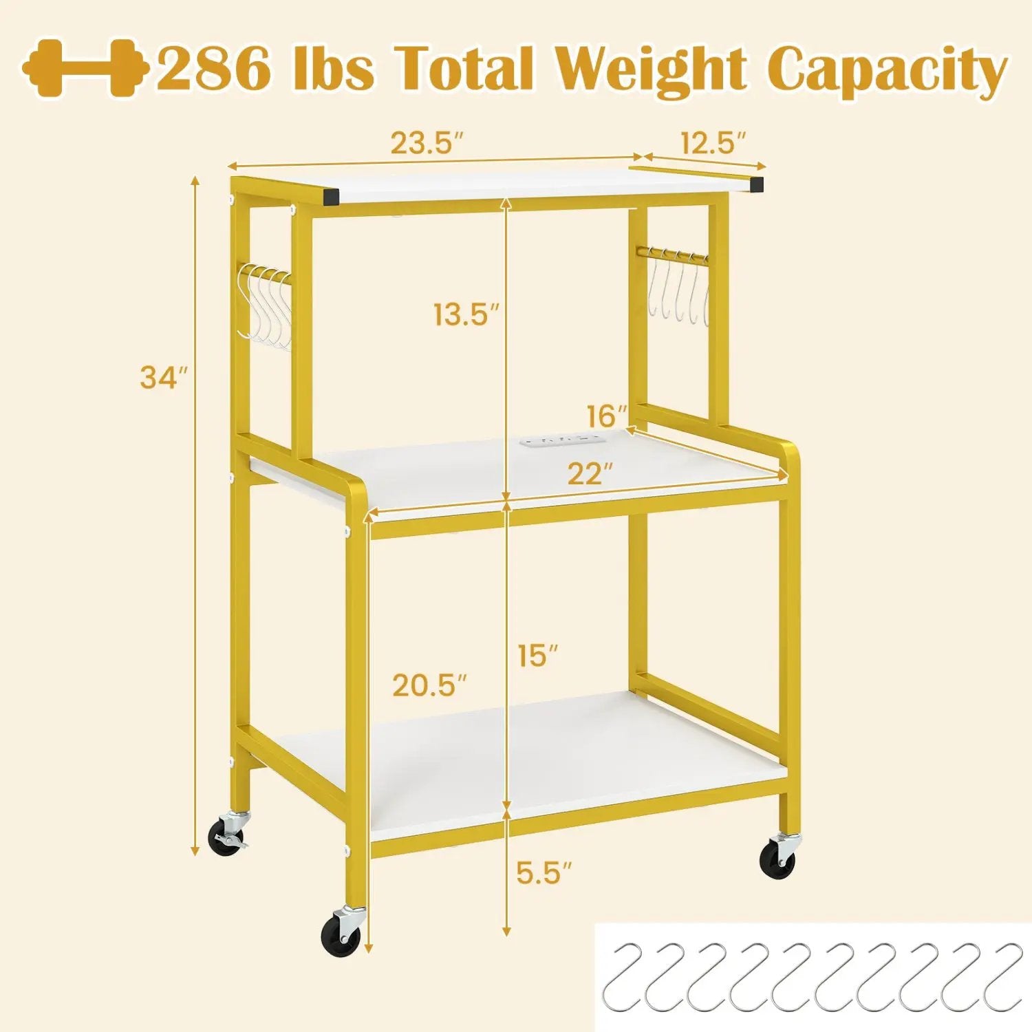 3-Tier Rolling Microwave Cart with Power Outlet and Hooks by DirectDeals
