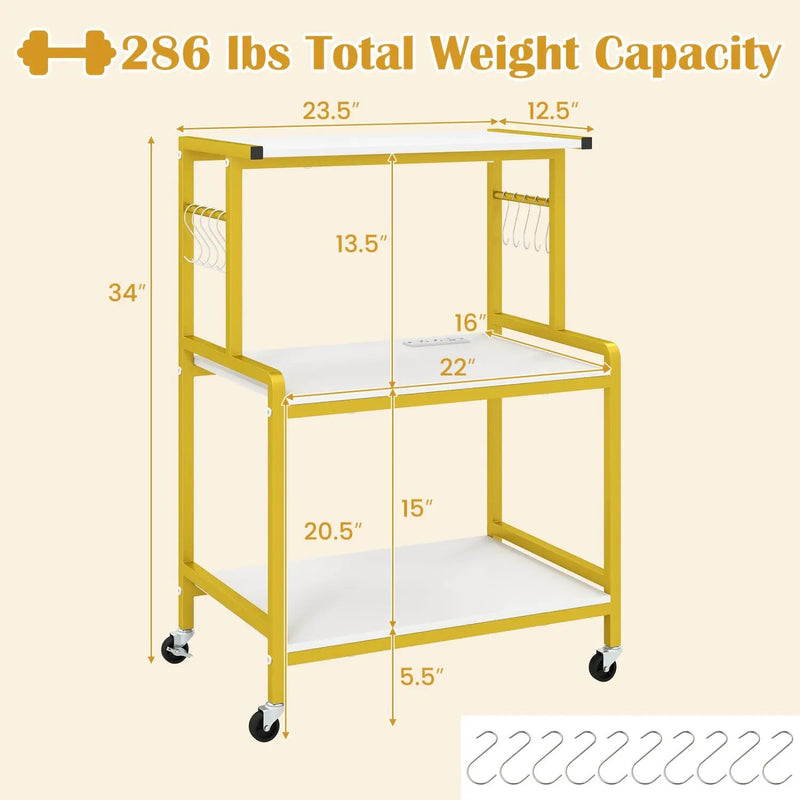 3-Tier Rolling Microwave Cart with Power Outlet and Hooks by DirectDeals