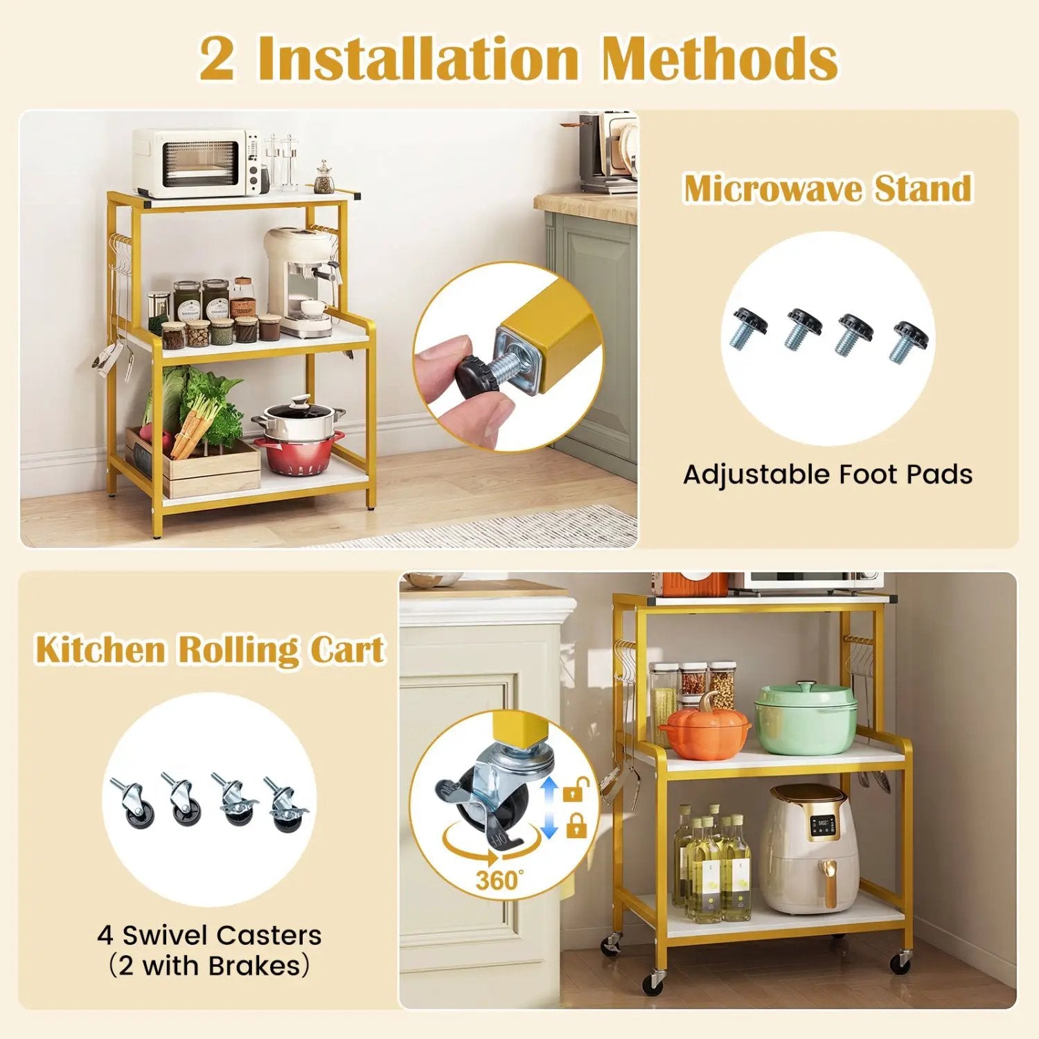 3-Tier Rolling Microwave Cart with Power Outlet and Hooks by DirectDeals