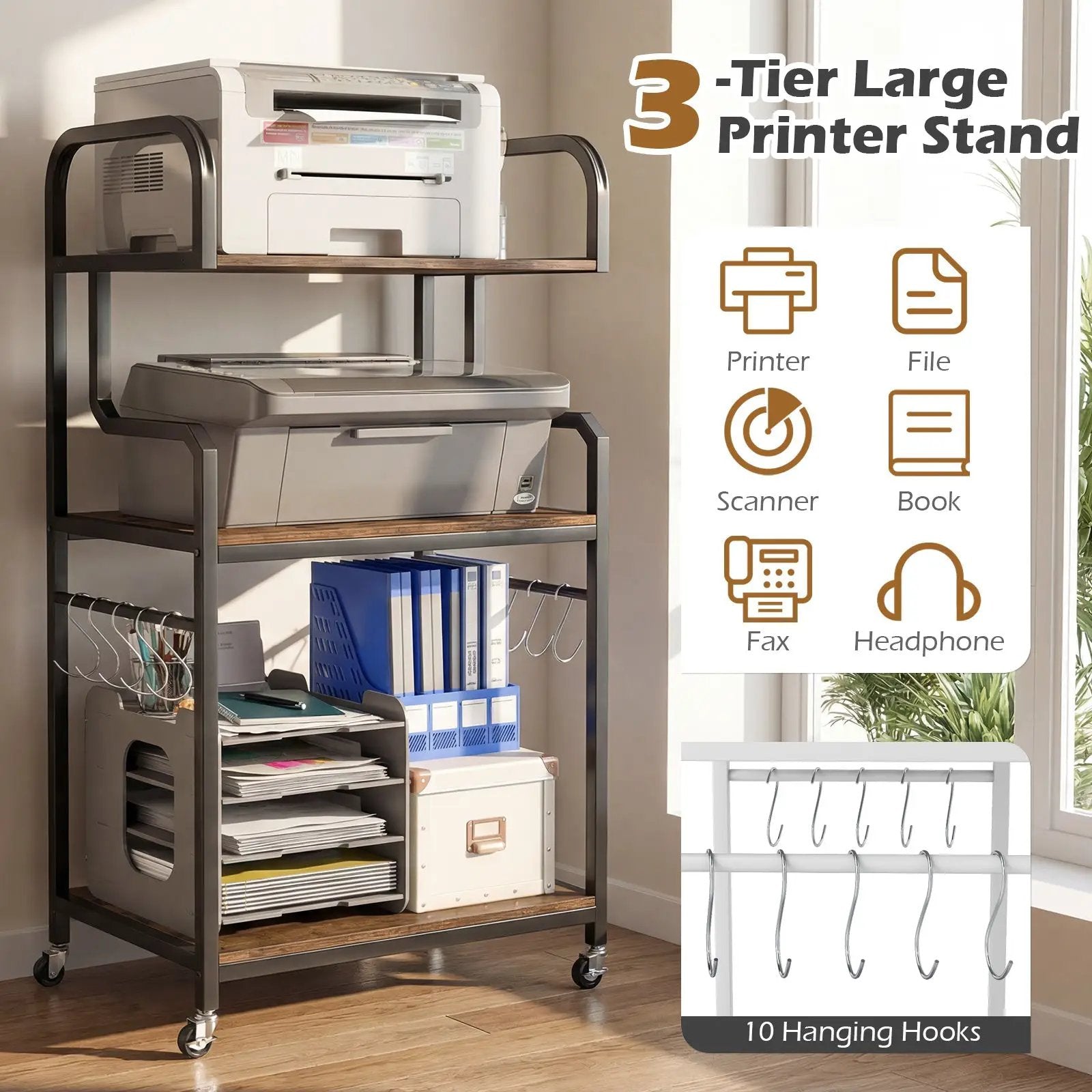3-Tier Rolling Printer Stand Home Office Large Printer Cart with Storage Shelves by DirectDeals