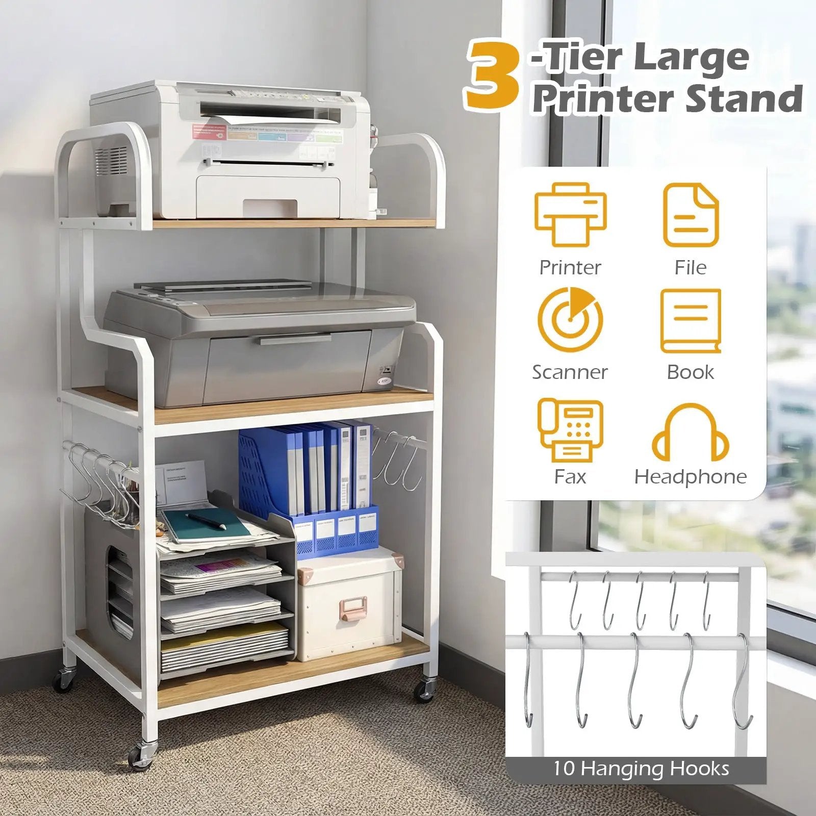 3-Tier Rolling Printer Stand Home Office Large Printer Cart with Storage Shelves by DirectDeals