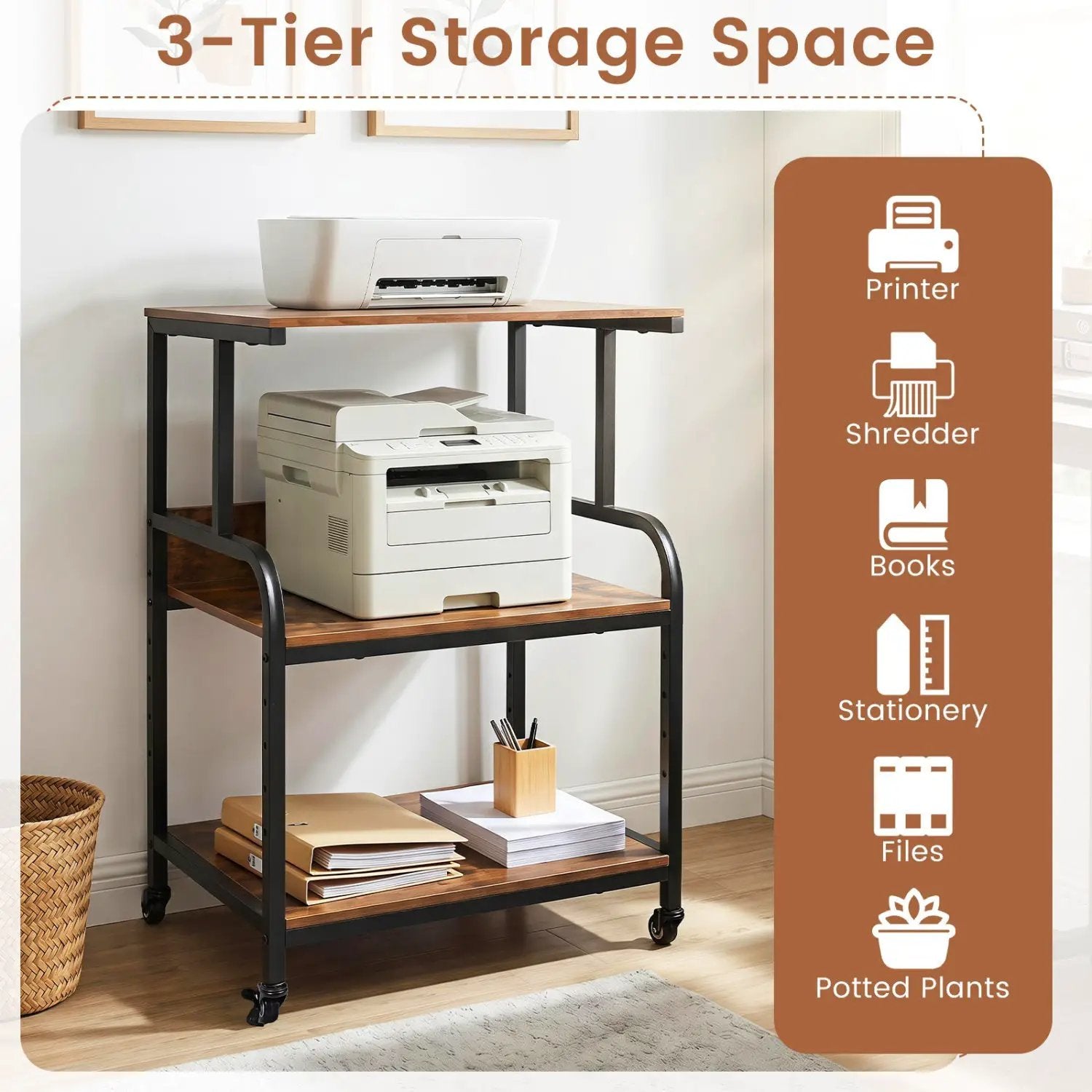 3-Tier Rolling Printer Stand with Adjustable Shelf by DirectDeals