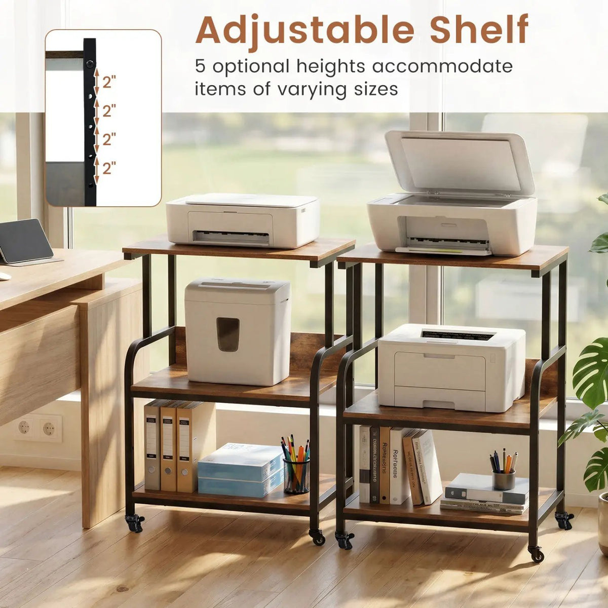 3-Tier Rolling Printer Stand with Adjustable Shelf, photo 7 of 24