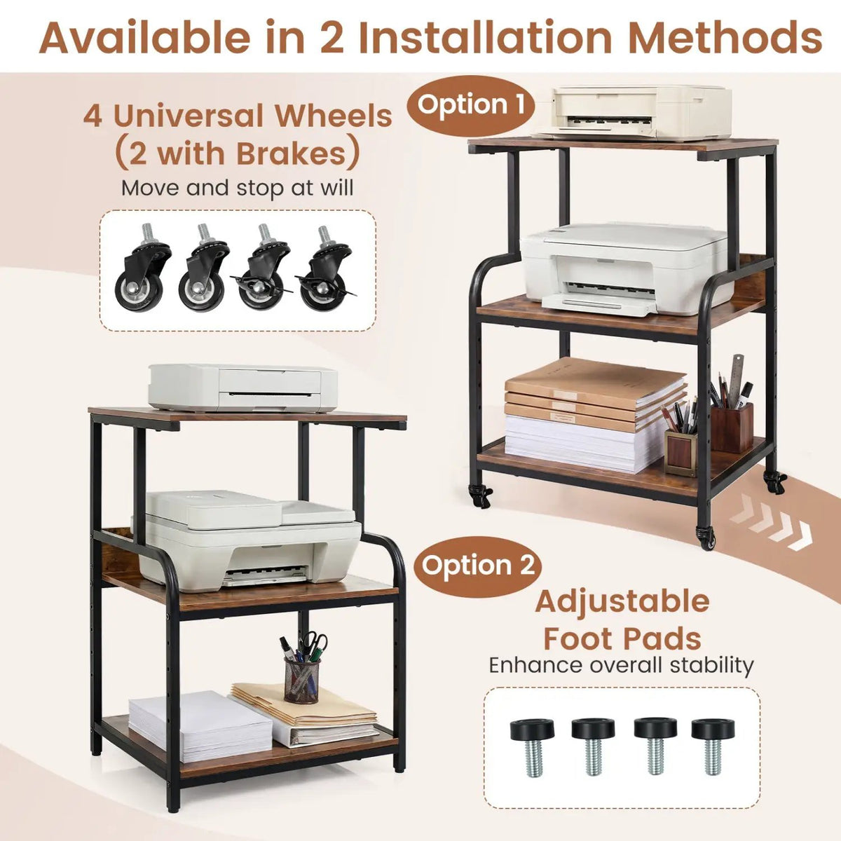 3-Tier Rolling Printer Stand with Adjustable Shelf, photo 8 of 24