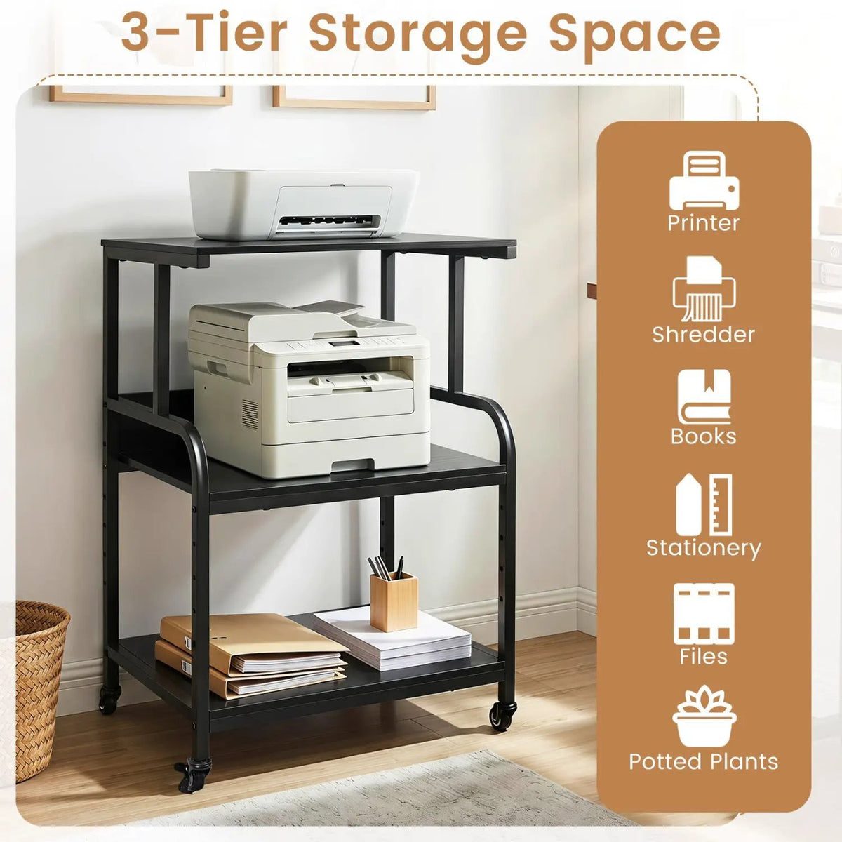 3-Tier Rolling Printer Stand with Adjustable Shelf, photo 14 of 24
