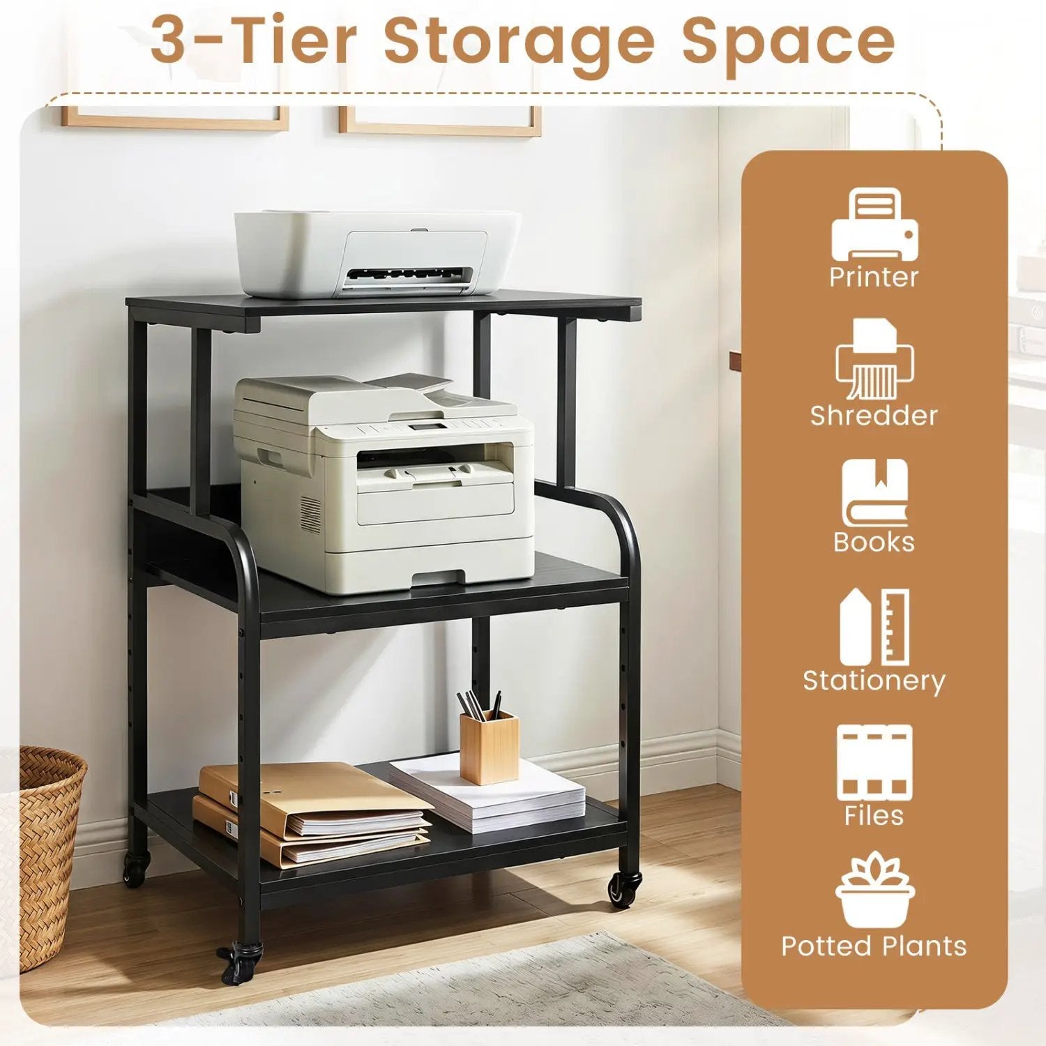 3-Tier Rolling Printer Stand with Adjustable Shelf by DirectDeals