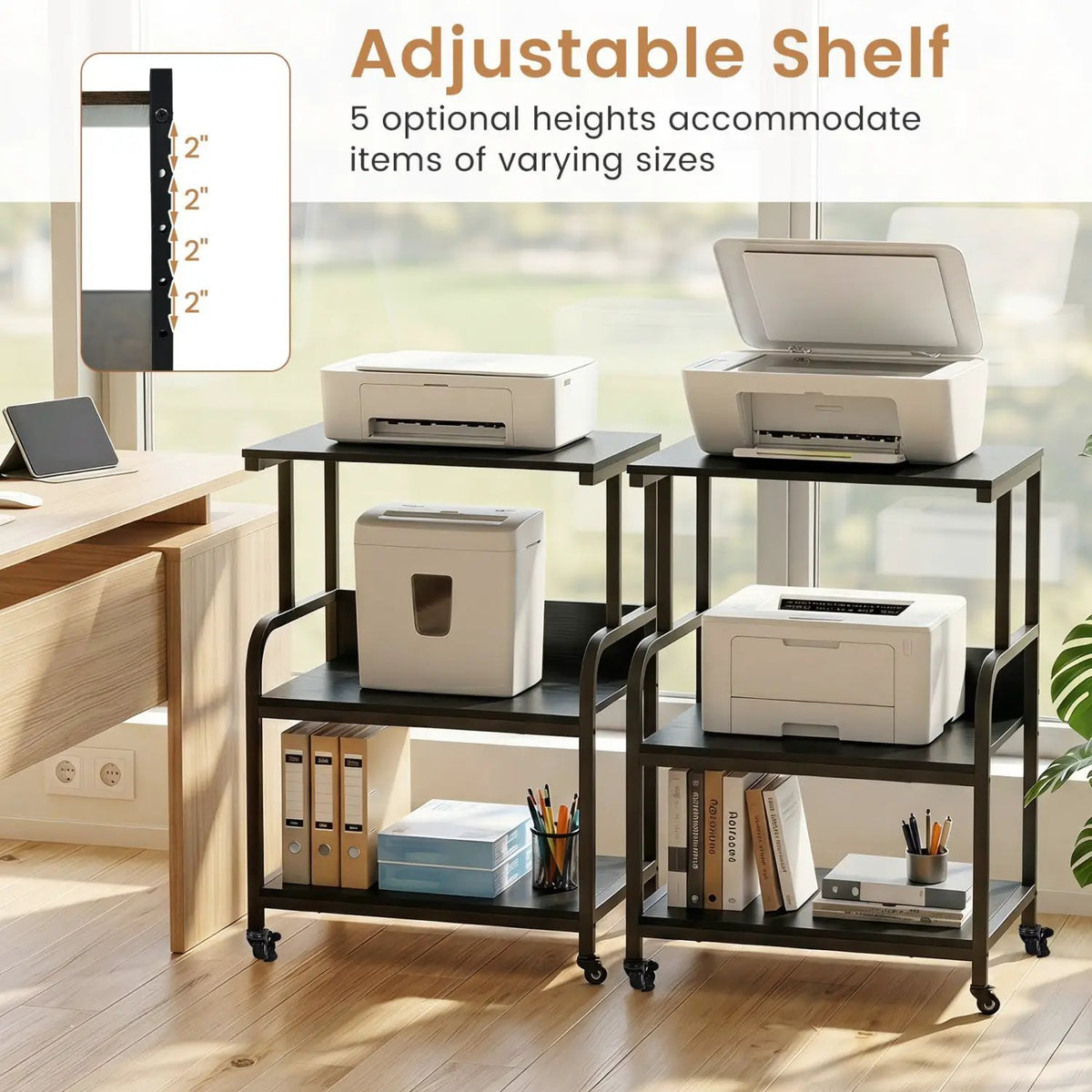 3-Tier Rolling Printer Stand with Adjustable Shelf, photo 15 of 24