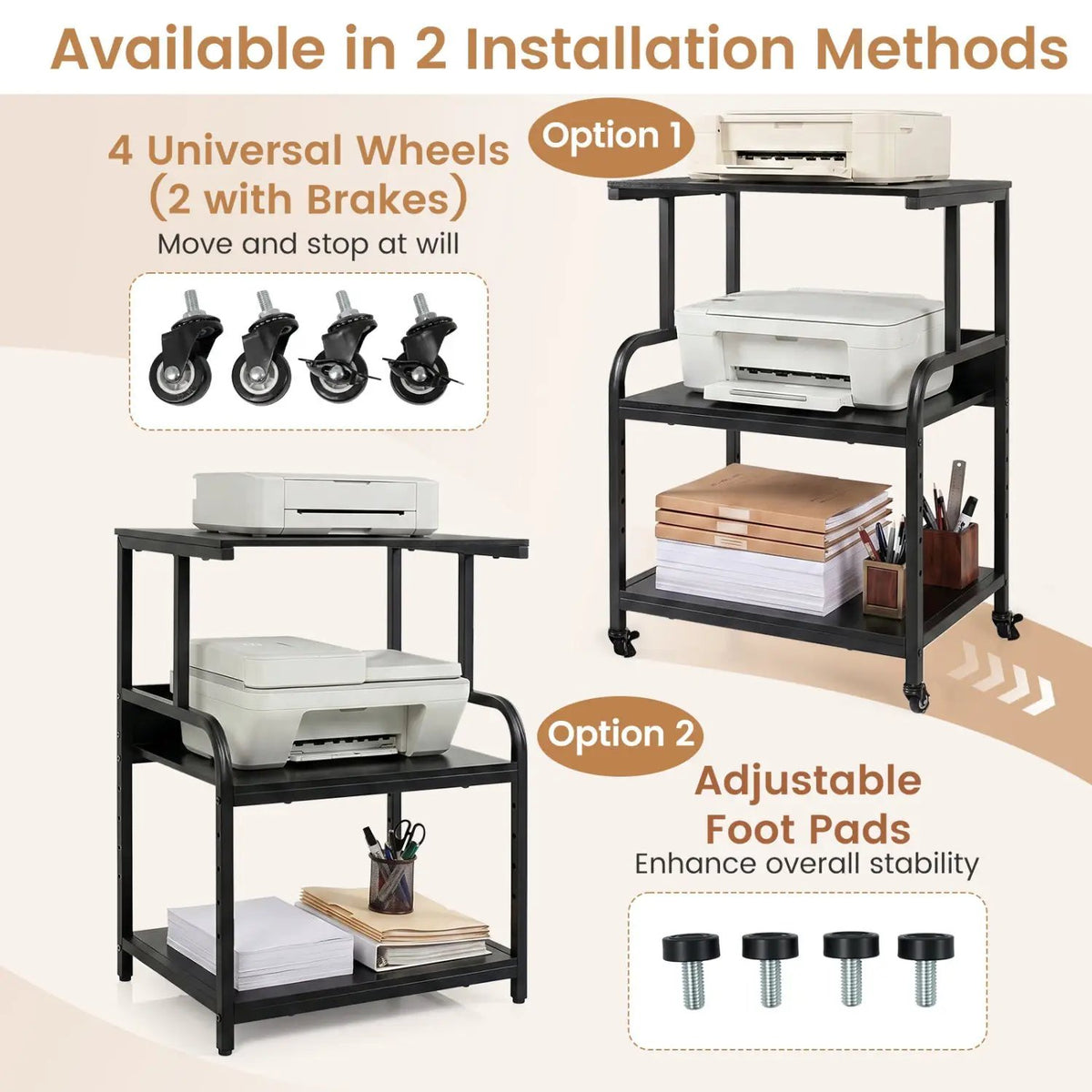 3-Tier Rolling Printer Stand with Adjustable Shelf, photo 16 of 24