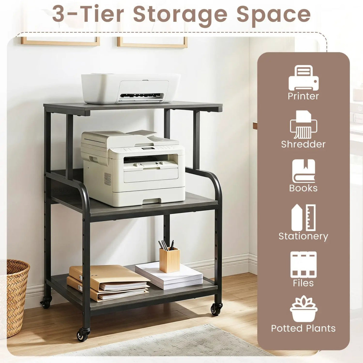 3-Tier Rolling Printer Stand with Adjustable Shelf, photo 22 of 24