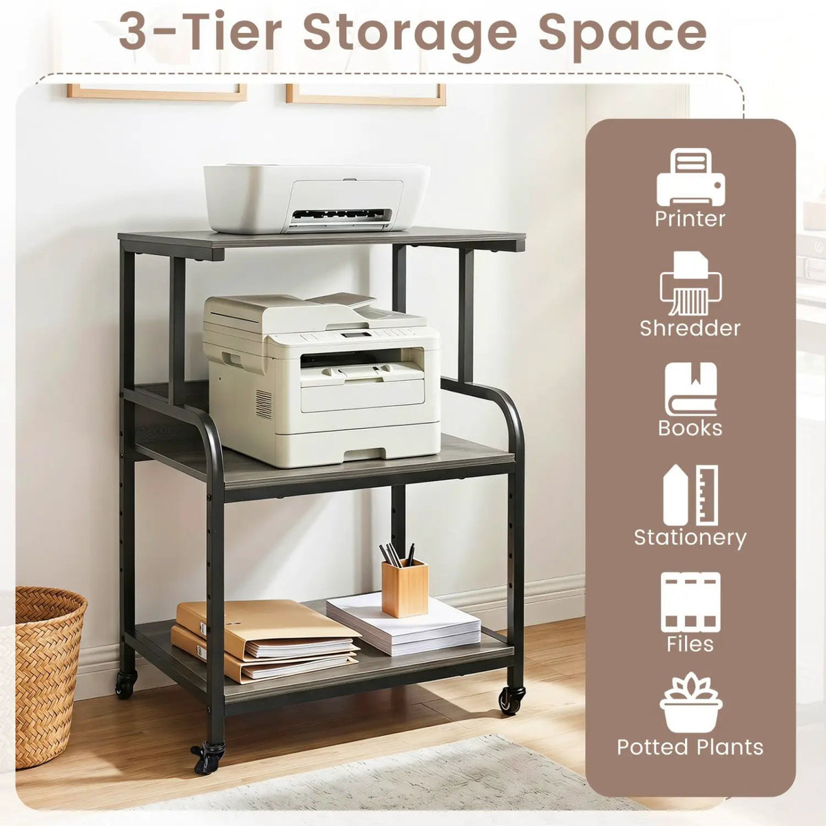 3-Tier Rolling Printer Stand with Adjustable Shelf, photo 23 of 24
