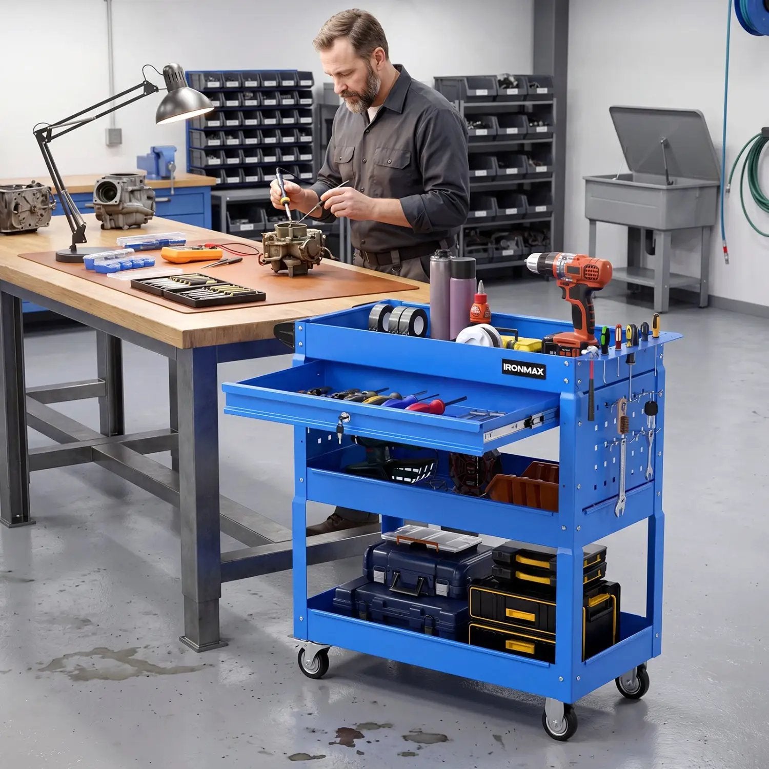 3-Tier Rolling Tool Cart with Lockable Drawer by DirectDeals