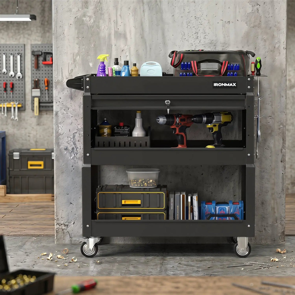 3-Tier Rolling Tool Cart with Lockable Drawer