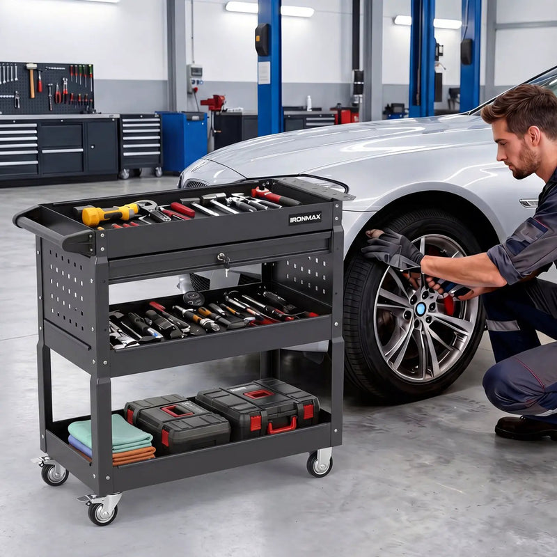 3-Tier Rolling Tool Cart with Lockable Drawer by DirectDeals