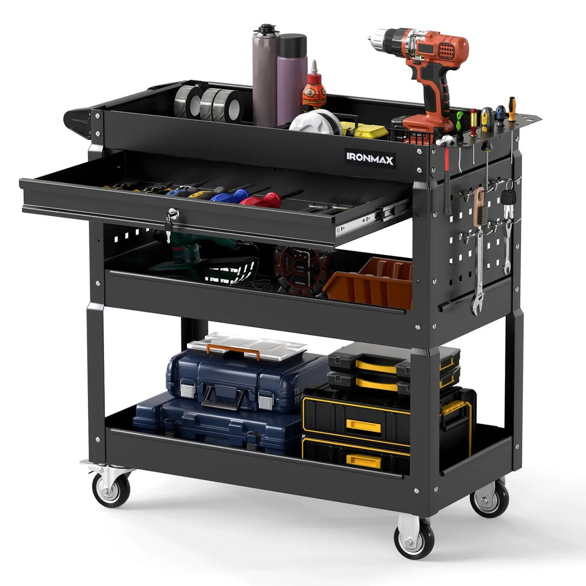 3-Tier Rolling Tool Cart with Lockable Drawer, photo 4 of 24