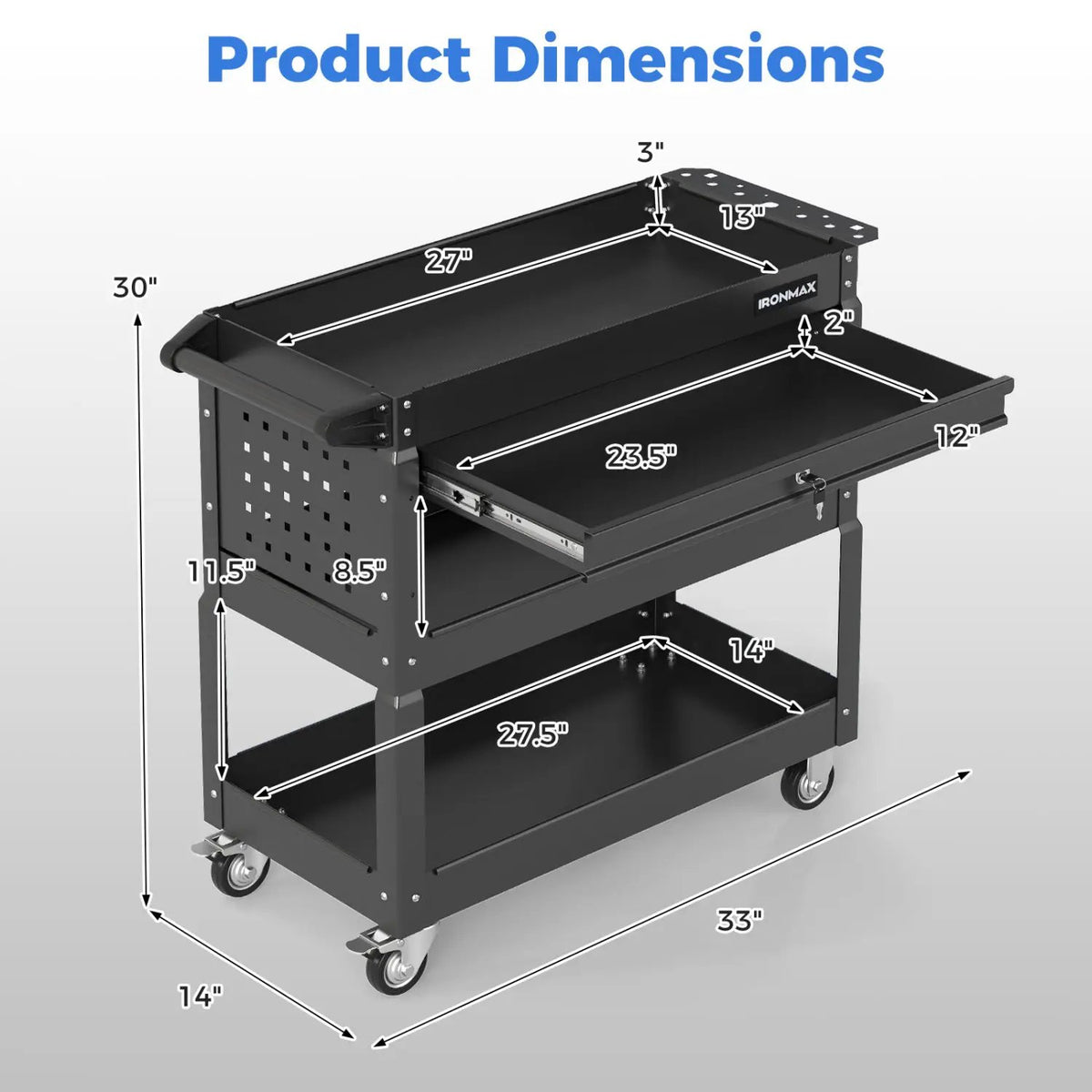 3-Tier Rolling Tool Cart with Lockable Drawer, photo 5 of 24