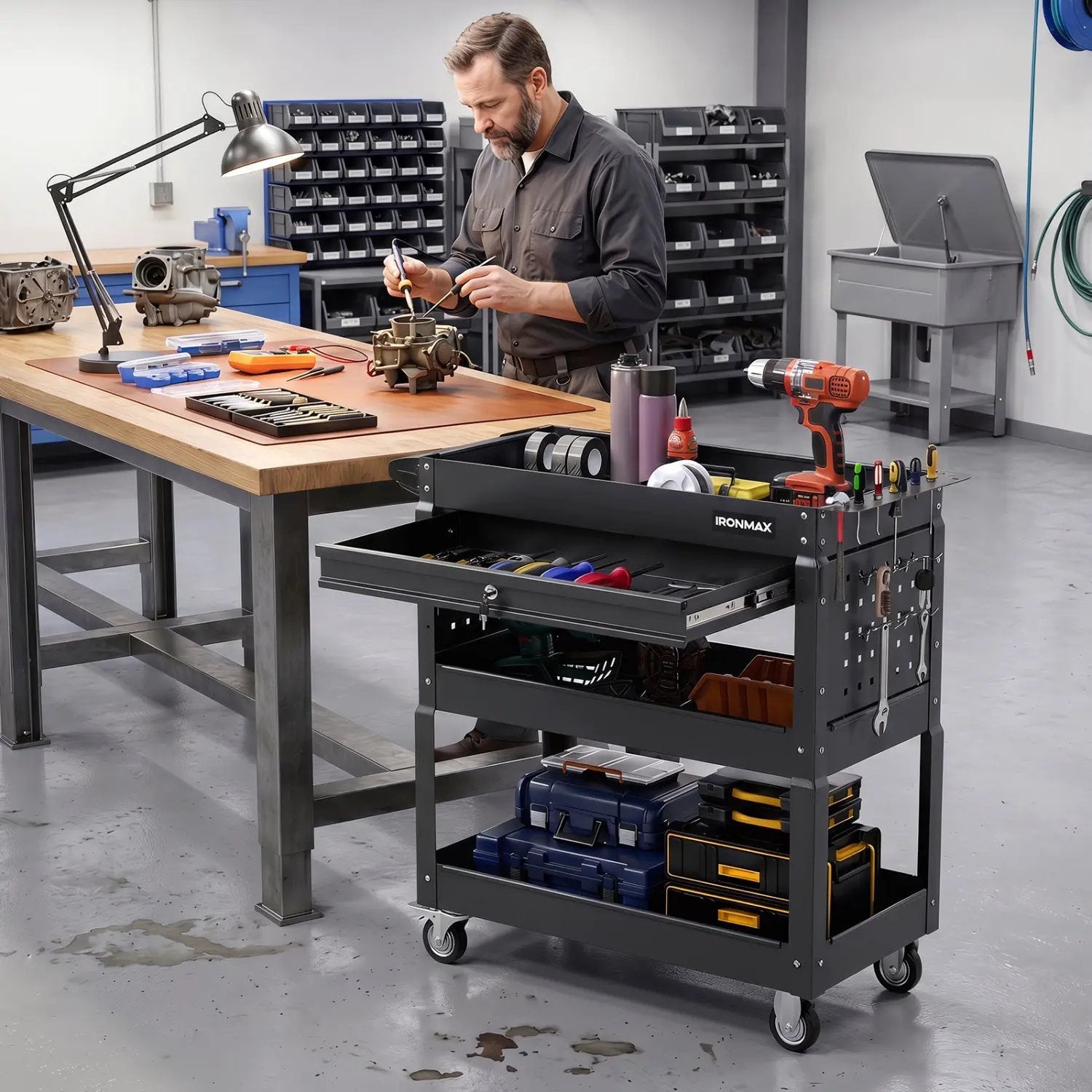 3-Tier Rolling Tool Cart with Lockable Drawer by DirectDeals