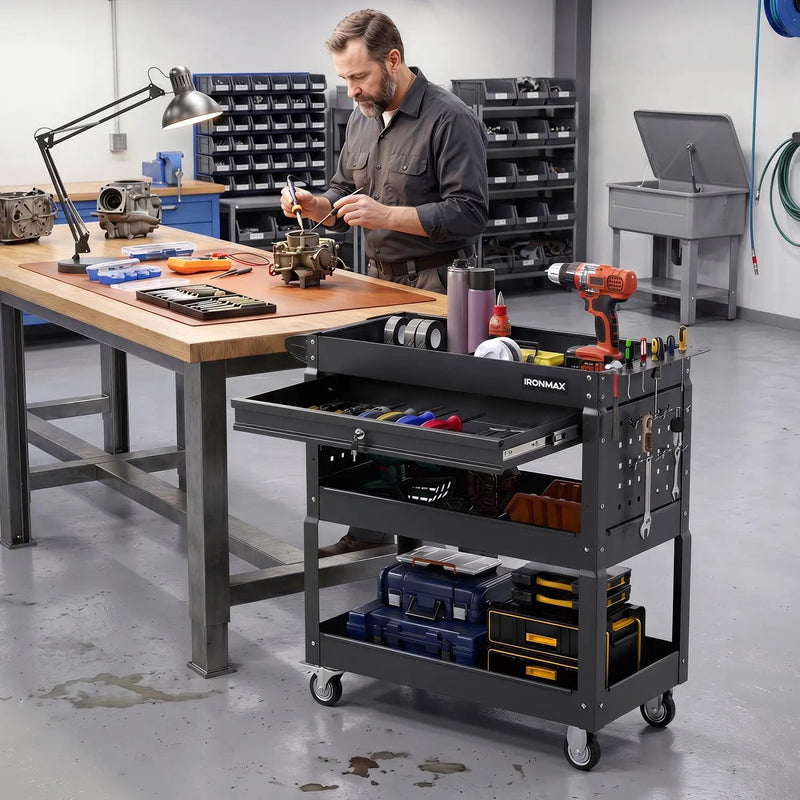 3-Tier Rolling Tool Cart with Lockable Drawer by DirectDeals