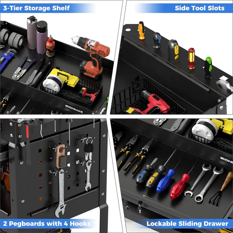 3-Tier Rolling Tool Cart with Lockable Drawer by DirectDeals