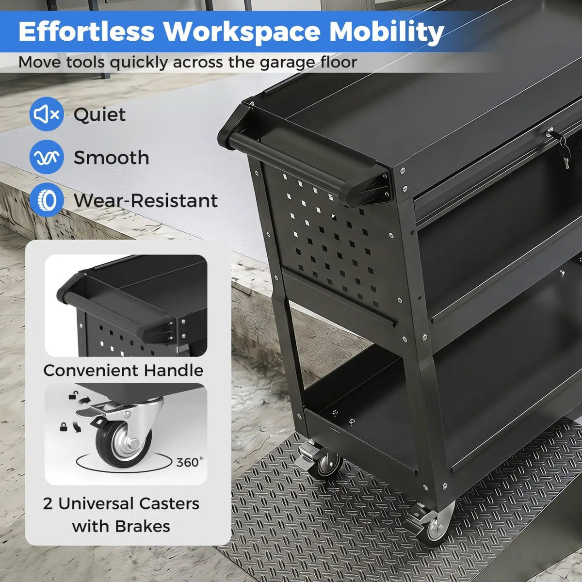 3-Tier Rolling Tool Cart with Lockable Drawer, photo 8 of 24