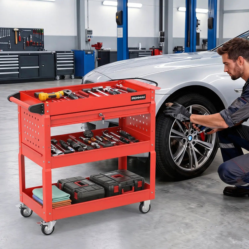 3-Tier Rolling Tool Cart with Lockable Drawer by DirectDeals