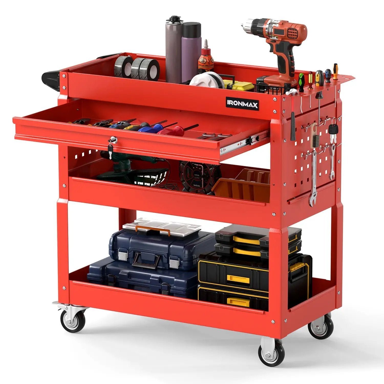 3-Tier Rolling Tool Cart with Lockable Drawer by DirectDeals
