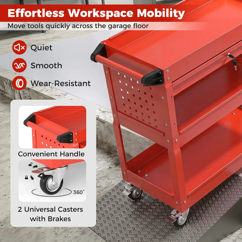 3-Tier Rolling Tool Cart with Lockable Drawer by DirectDeals