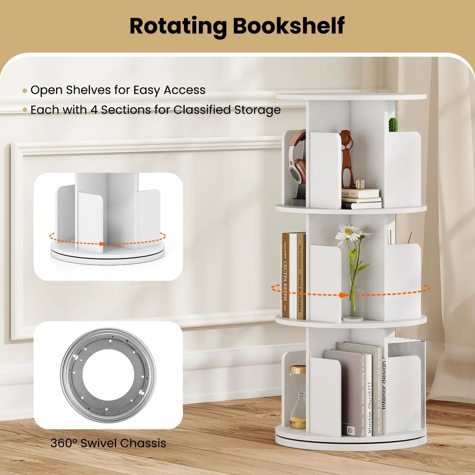 3-Tier Rotating Bookshelf with Dividers and Anti-falling Baffles by DirectDeals