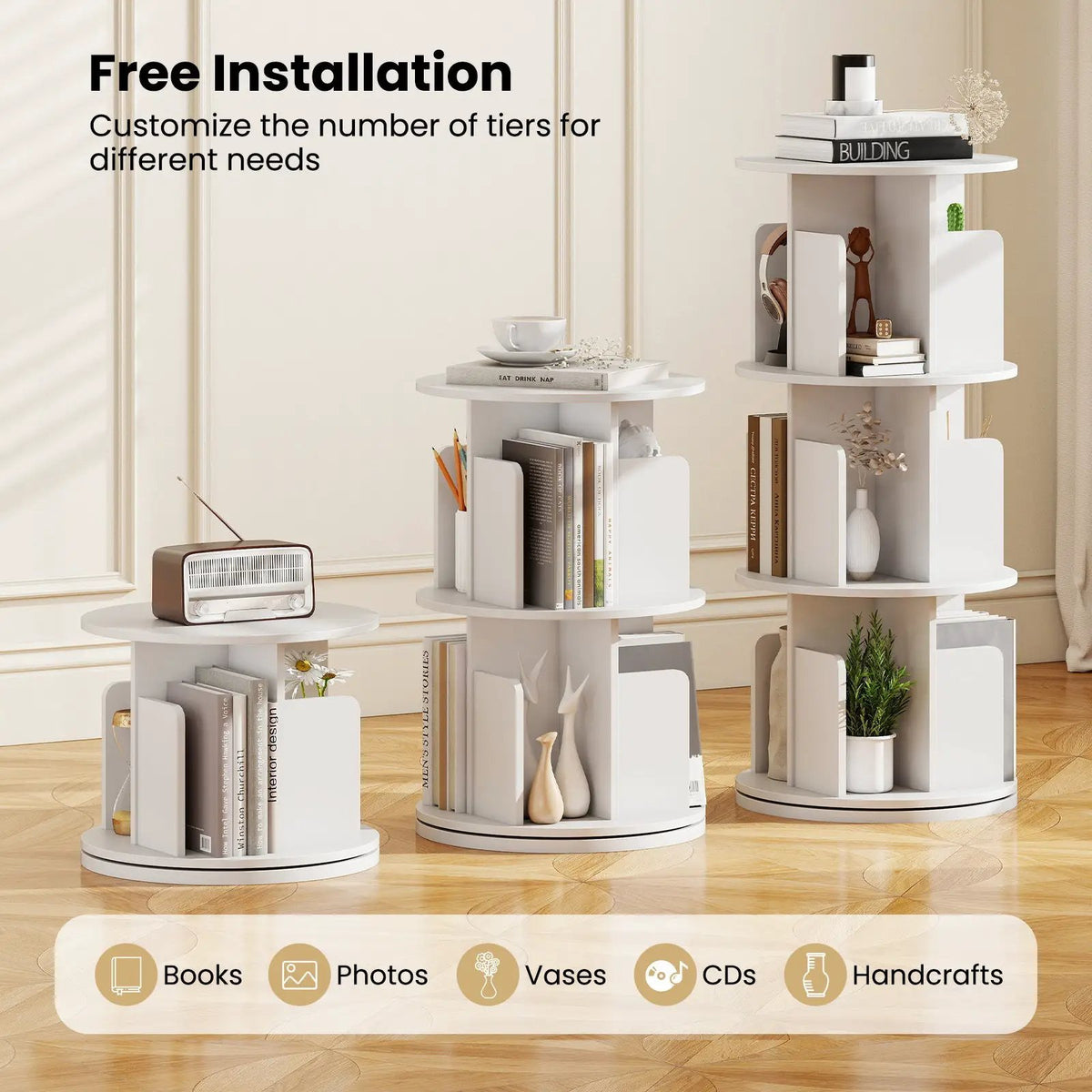 3-Tier Rotating Bookshelf with Dividers and Anti-falling Baffles, photo 16 of 16
