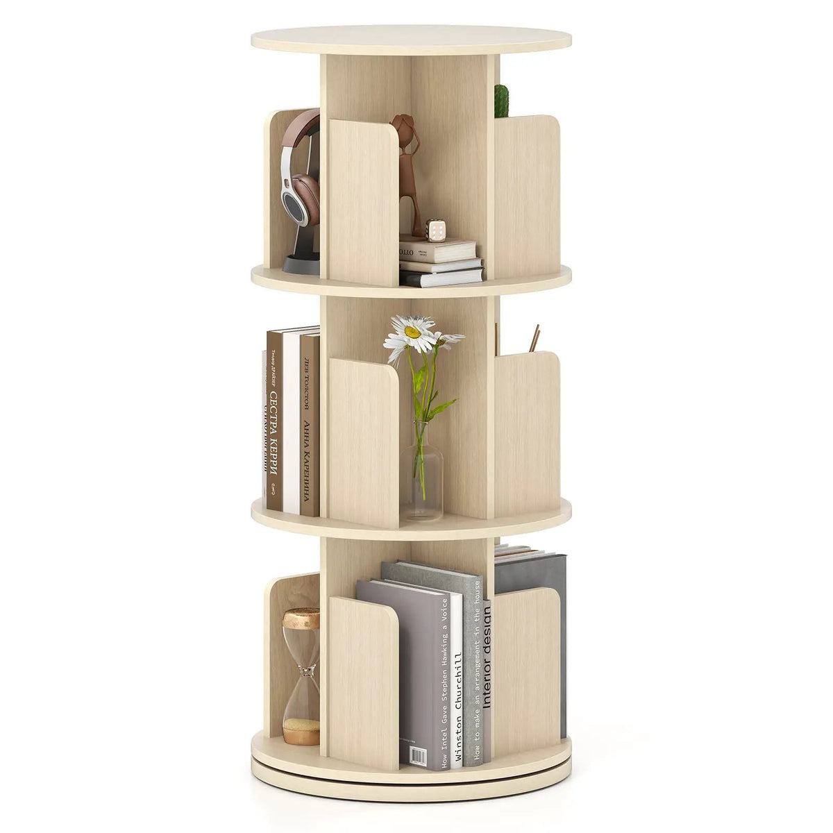 3-Tier Rotating Bookshelf with Dividers and Anti-falling Baffles, photo 5 of 16