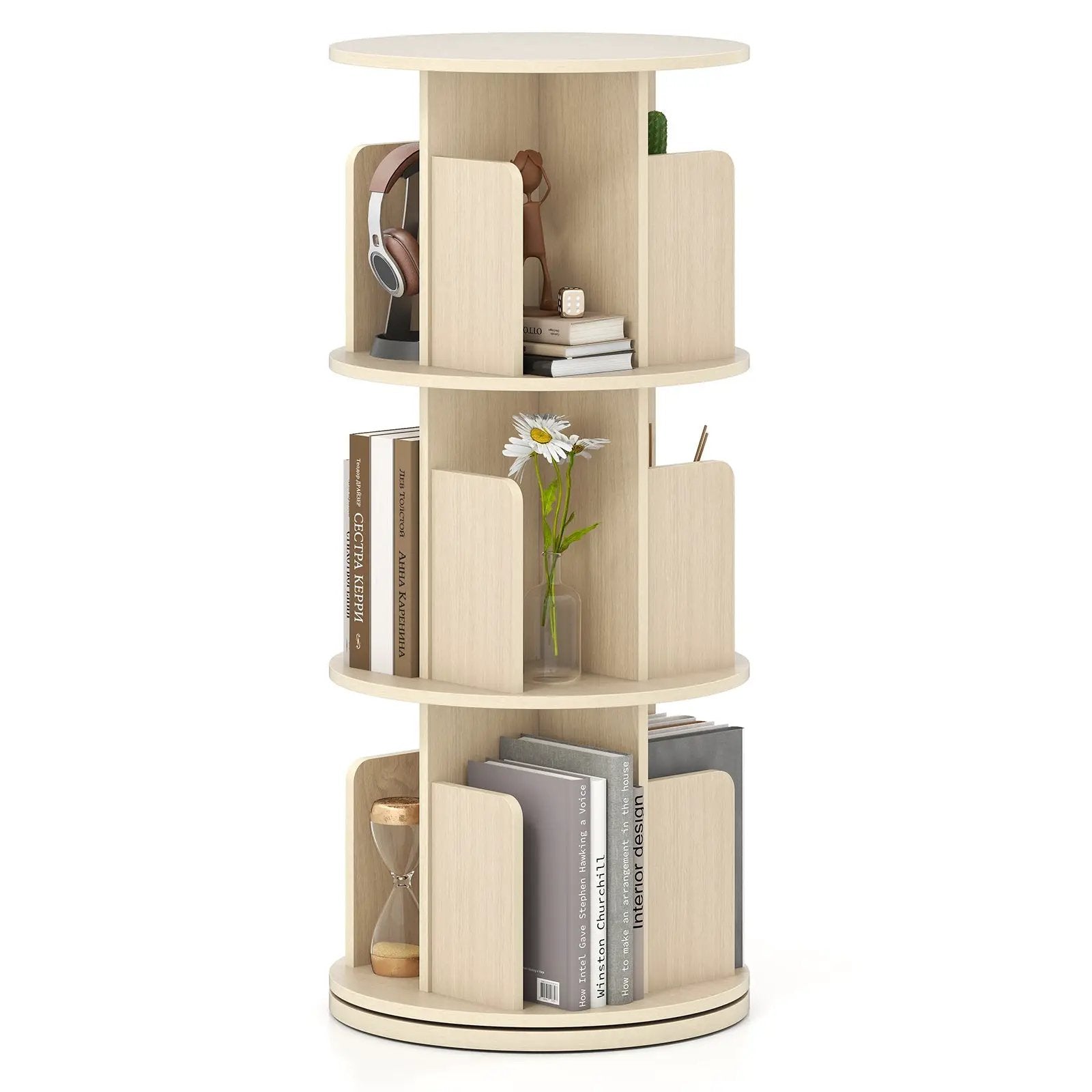 3-Tier Rotating Bookshelf with Dividers and Anti-falling Baffles by DirectDeals