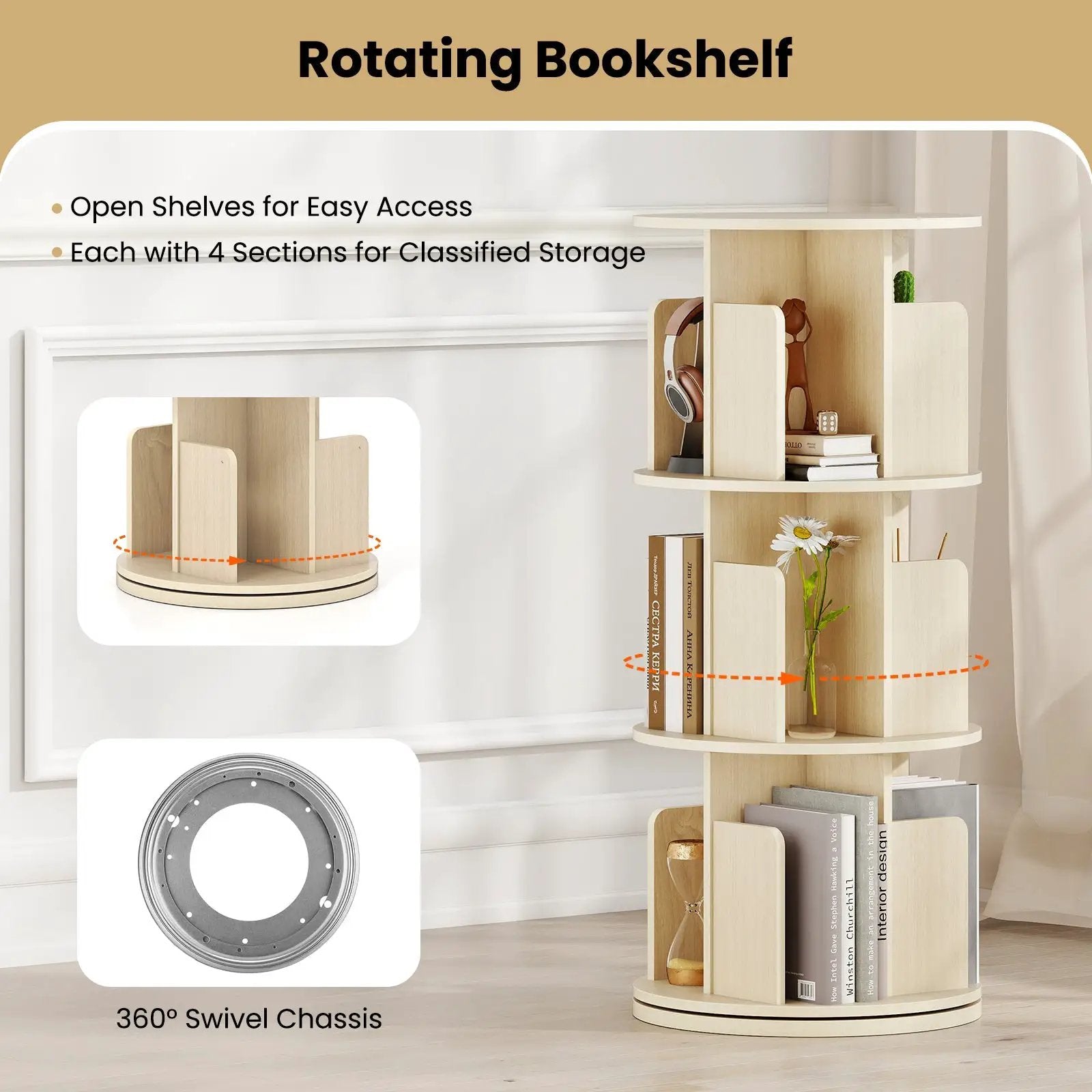 3-Tier Rotating Bookshelf with Dividers and Anti-falling Baffles by DirectDeals