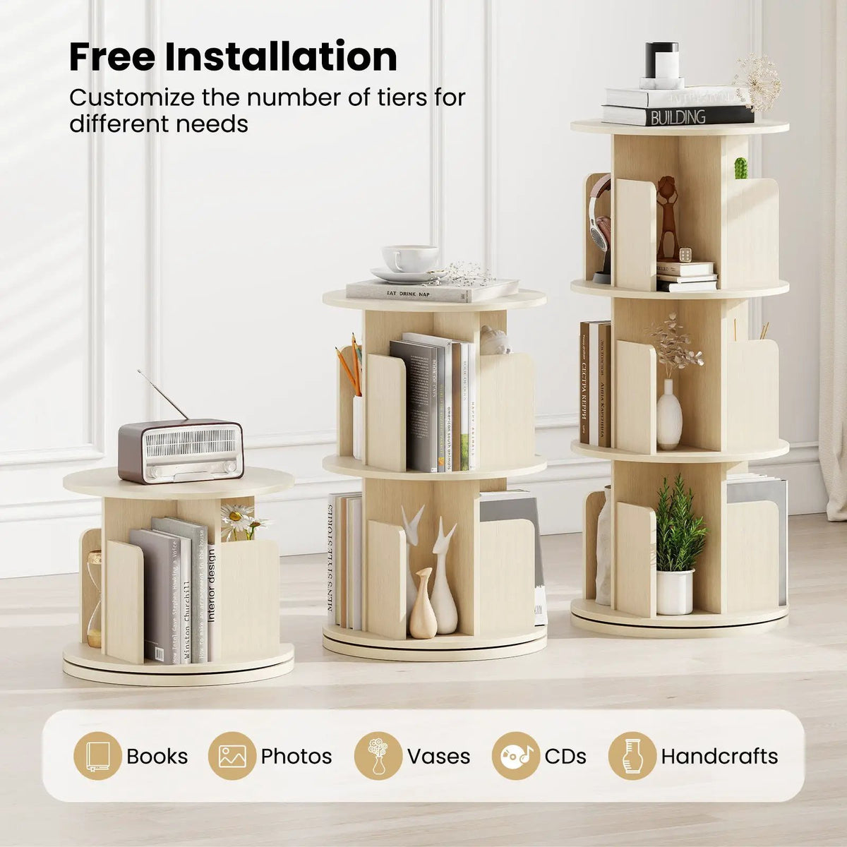 3-Tier Rotating Bookshelf with Dividers and Anti-falling Baffles, photo 15 of 16