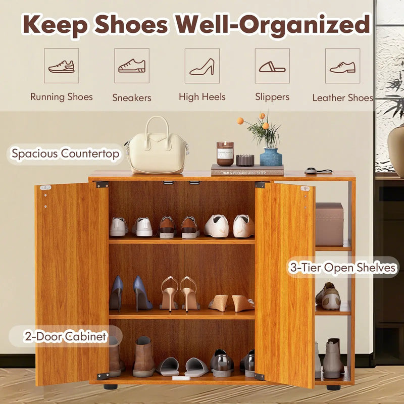 3-Tier Shoe Cabinet with Doors with Adjustable Open Shelves for Entryway by DirectDeals