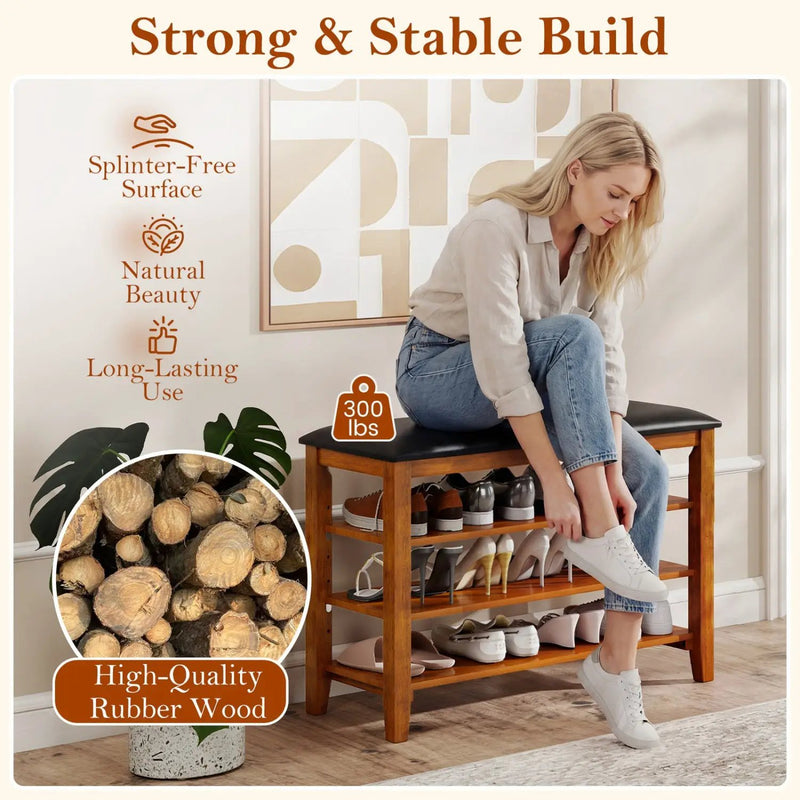 3-Tier Shoe Rack Bench with Adjustable Shelves and Soft Cushion for Entryway and Living Room by DirectDeals